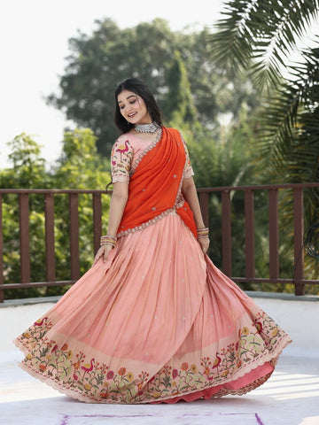 Traditional pattu half Saree Set for Women | pastel peach | festive & party wear
