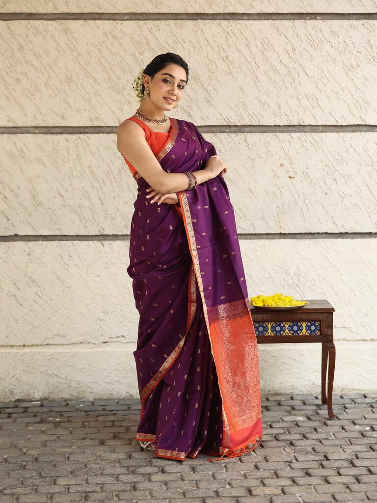 Light weight kanchi pattu saree for women | deep plum purple | allover zari motifs | festive wear