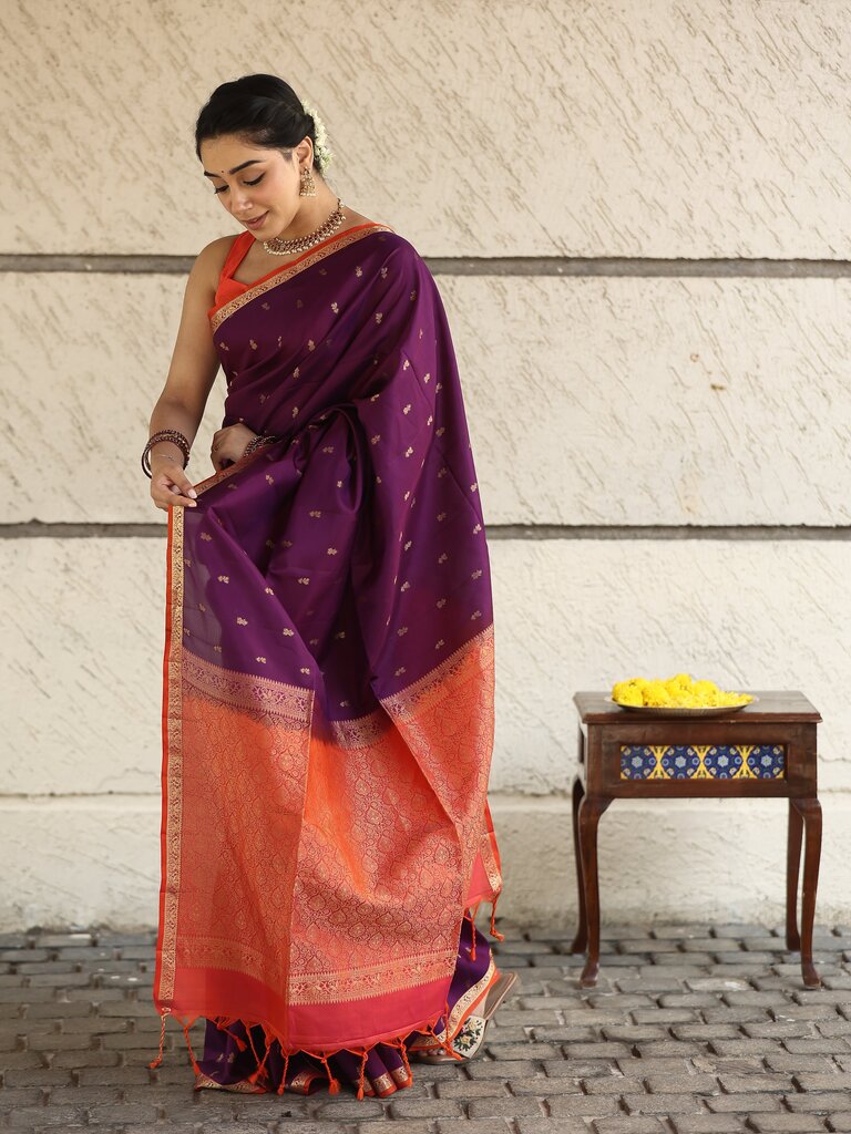 Light weight kanchi pattu saree for women | deep plum purple | allover zari motifs | festive wear