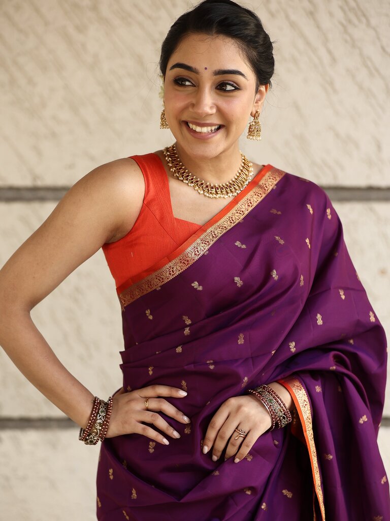 Light weight kanchi pattu saree for women | deep plum purple | allover zari motifs | festive wear
