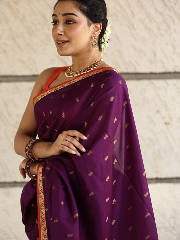 Light weight kanchi pattu saree for women | deep plum purple | allover zari motifs | festive wear