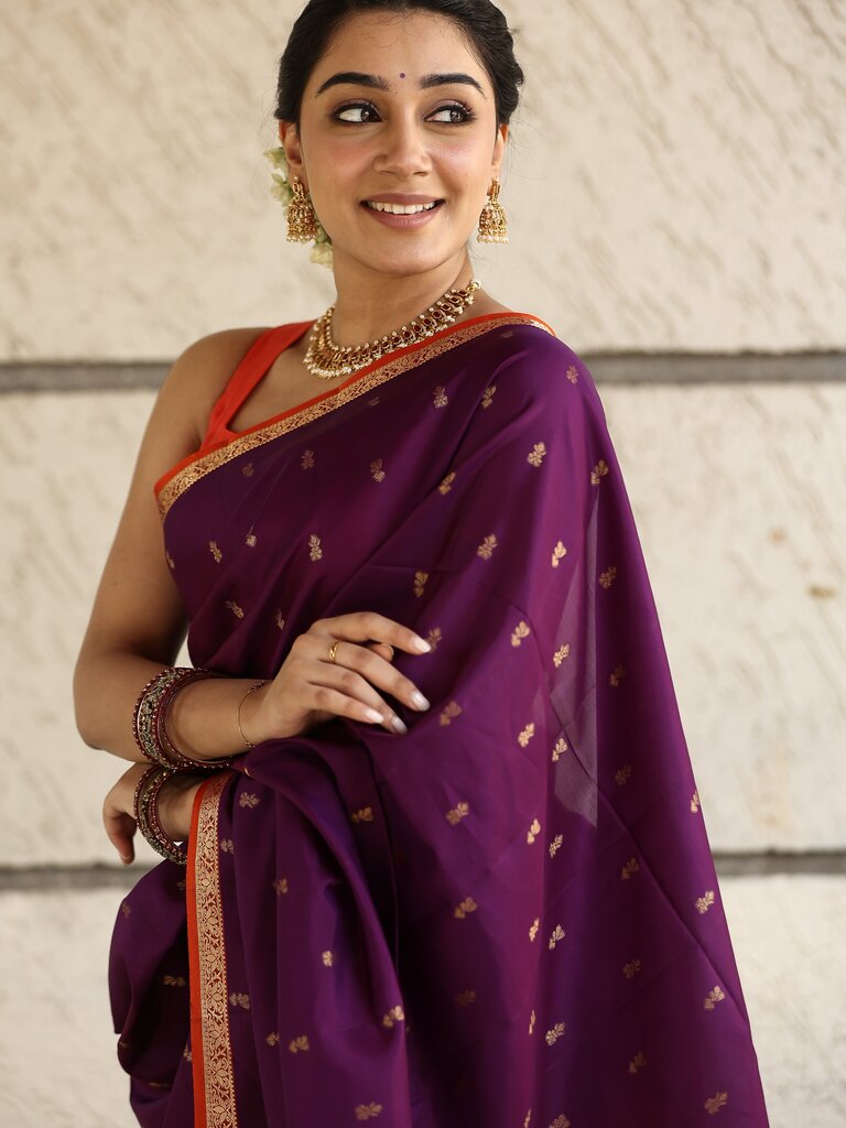 Light weight kanchi pattu saree for women | deep plum purple | allover zari motifs | festive wear