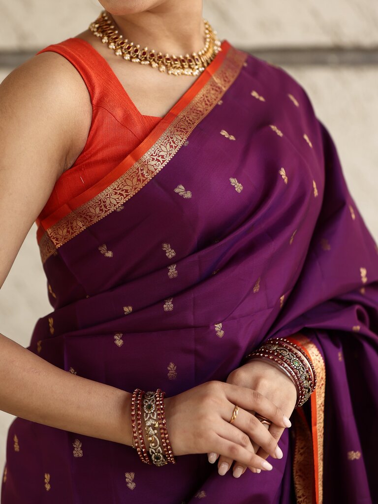 Light weight kanchi pattu saree for women | deep plum purple | allover zari motifs | festive wear