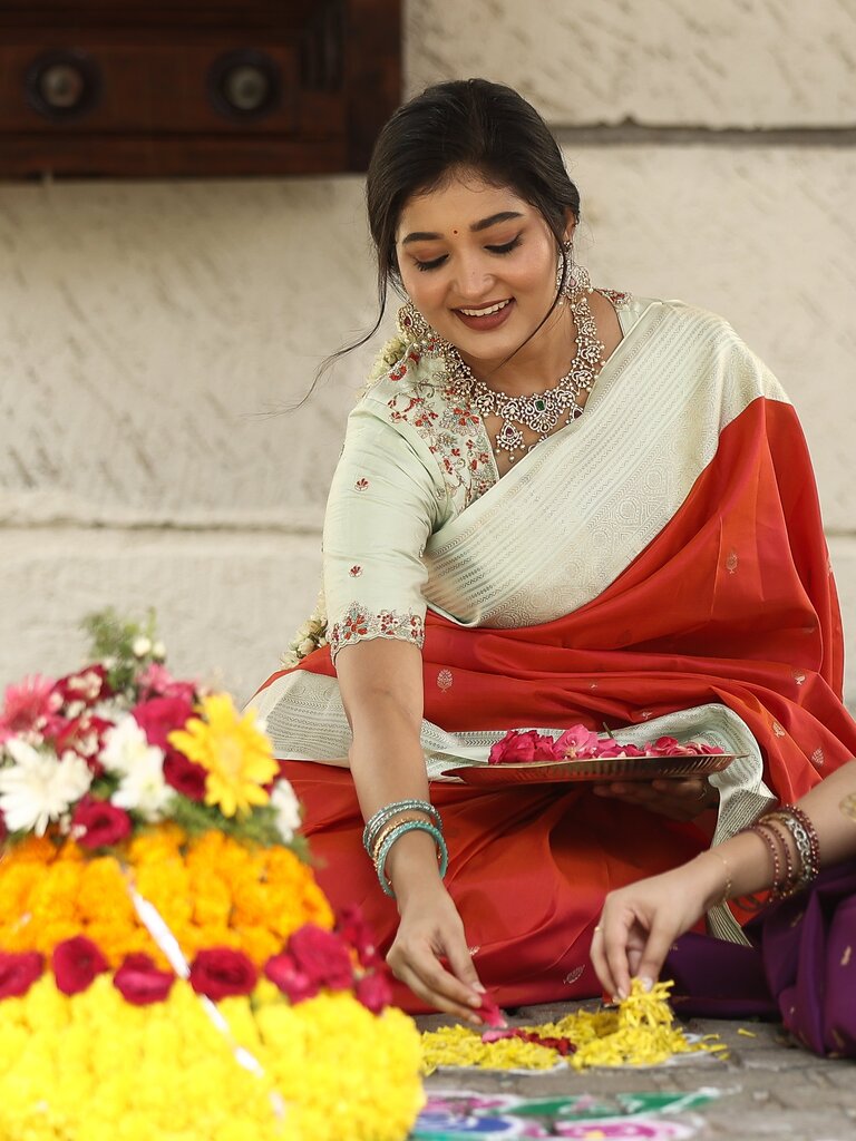 Light weight kanchi pattu saree for women | red | allover zari motifs | festive wear