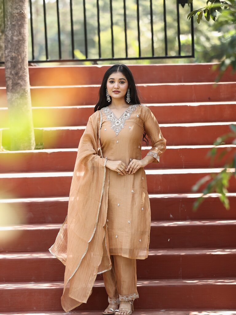 Designer embroidery kuthi set for women | beige | party wear
