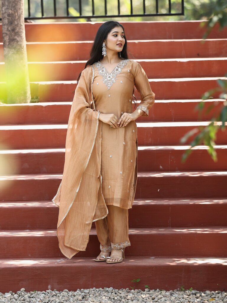 Designer embroidery kuthi set for women | beige | party wear