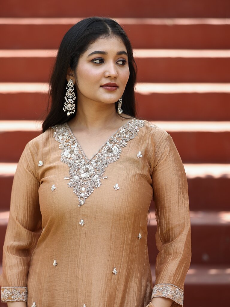 Designer embroidery kuthi set for women | beige | party wear