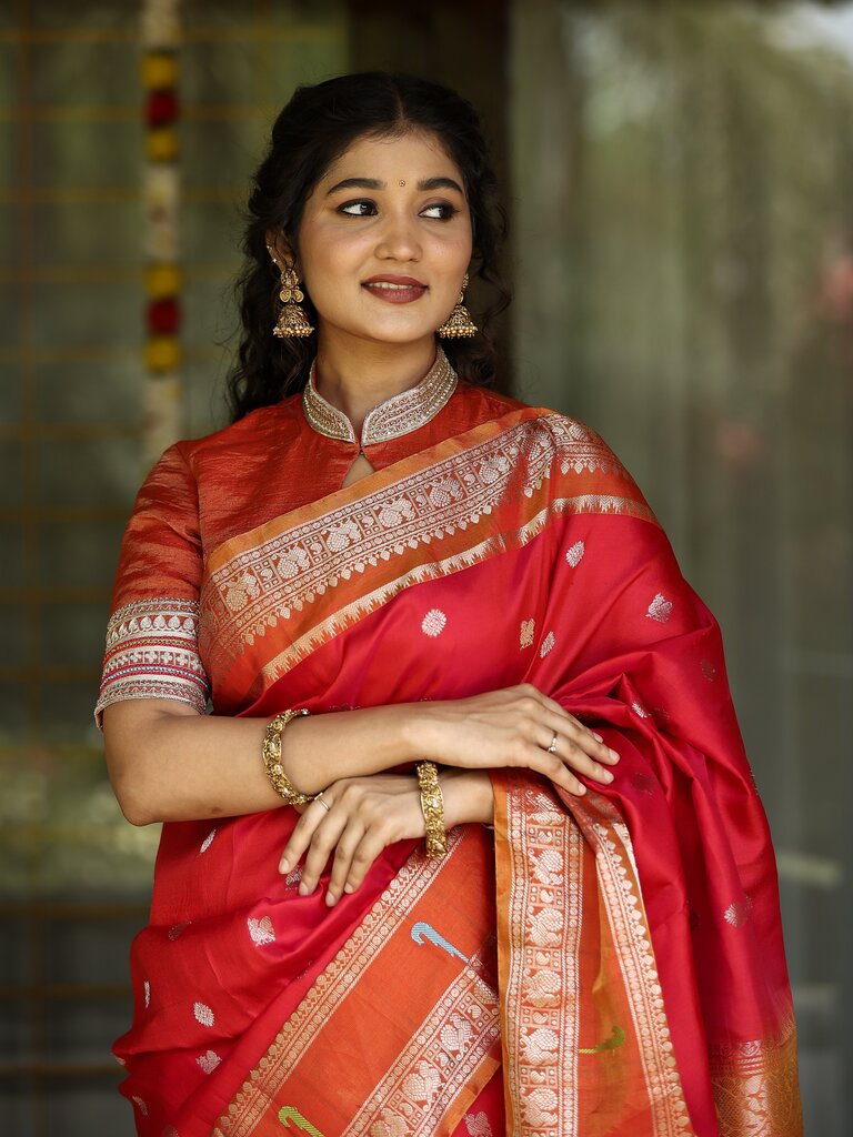 Pattu saree for women | red | zari border | festive wear