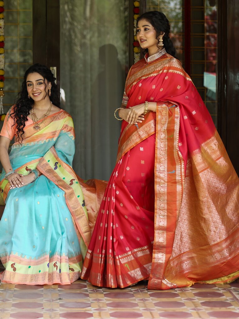 Pattu saree for women | red | zari border | festive wear