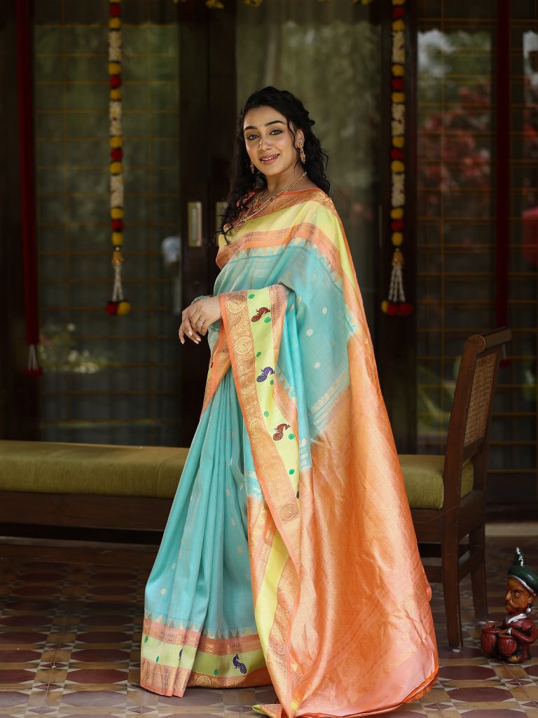 Gadwal pattu saree for women | sky blue | allover zari motifs | festive wear