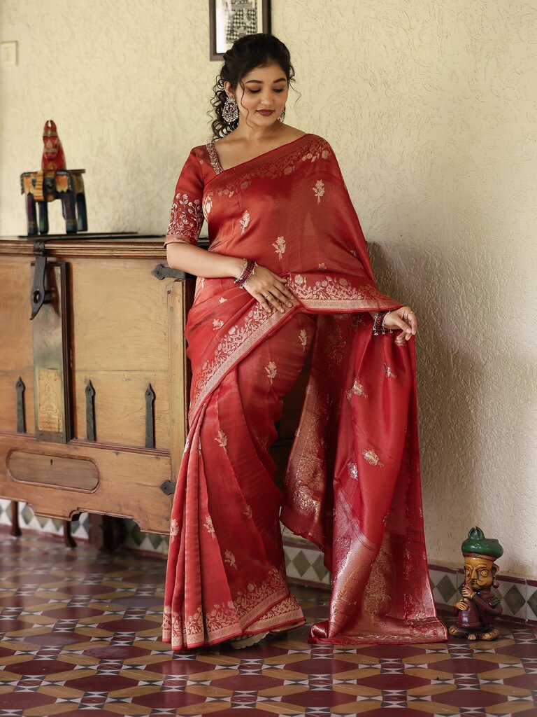 Georgette shimmer fancy saree for women | red | zari border | festive & party wear