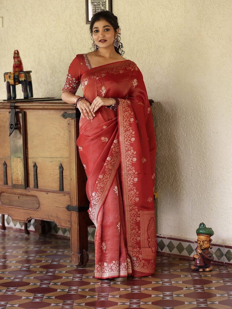 Georgette shimmer fancy saree for women | red | zari border | festive & party wear