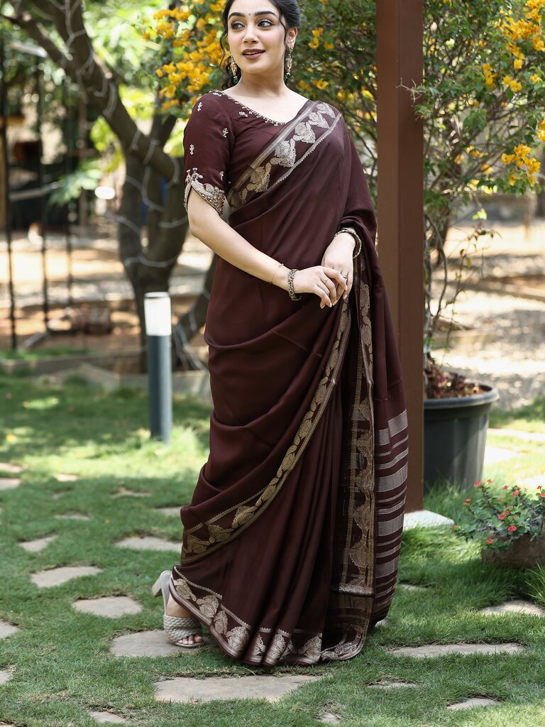 Crape fancy saree for women | brown | allover plain | zari border | party wear