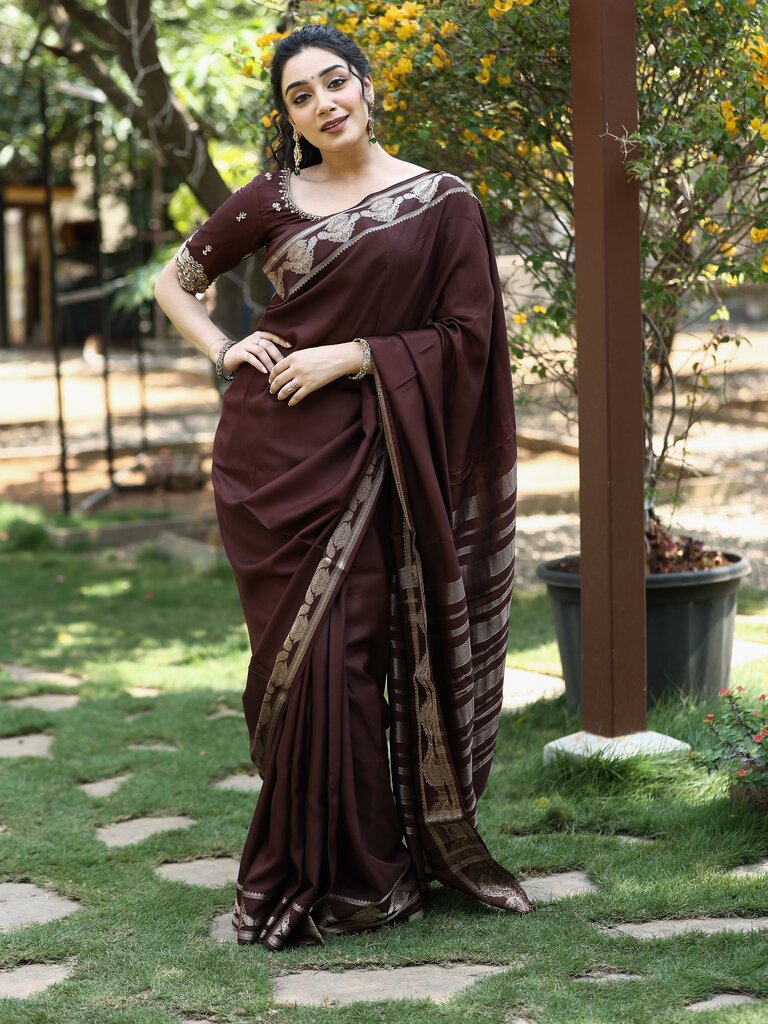 Crape fancy saree for women | brown | allover plain | zari border | party wear