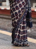 Maheswari fancy saree in navy blue color with printed pallu and attached blouse
