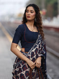 Maheswari fancy saree in navy blue color with printed pallu and attached blouse