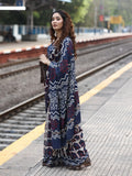 Maheswari fancy saree in navy blue color with printed pallu and attached blouse