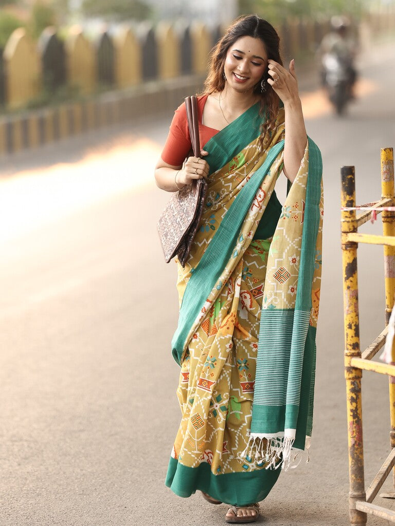 Mangalagiri cotton saree in golden yellow color with contrast pallu and plain blouse