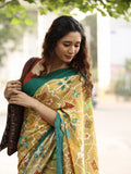 Mangalagiri cotton saree in golden yellow color with contrast pallu and plain blouse