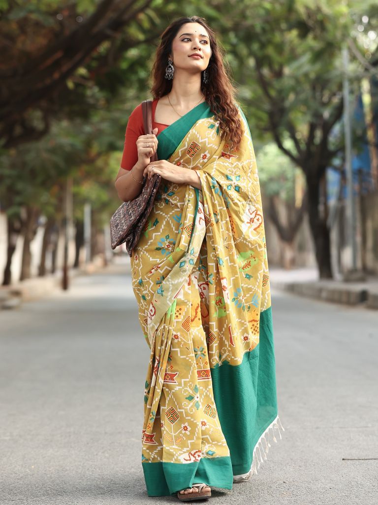 Mangalagiri cotton saree in golden yellow color with contrast pallu and plain blouse
