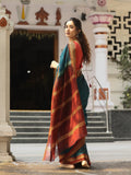 Dhaka cotton saree in peacock blue color with contrast pallu and attached blouse