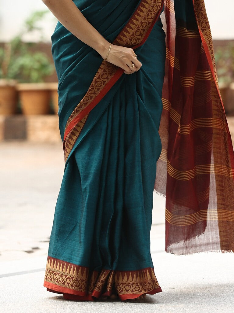 Dhaka cotton saree in peacock blue color with contrast pallu and attached blouse