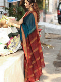 Dhaka cotton saree in peacock blue color with contrast pallu and attached blouse