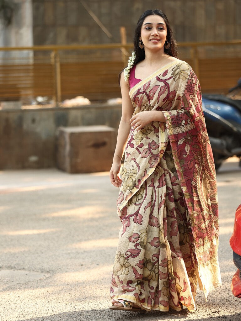 Kota cotton printed saree in cream color with contrast pallu and matching blouse