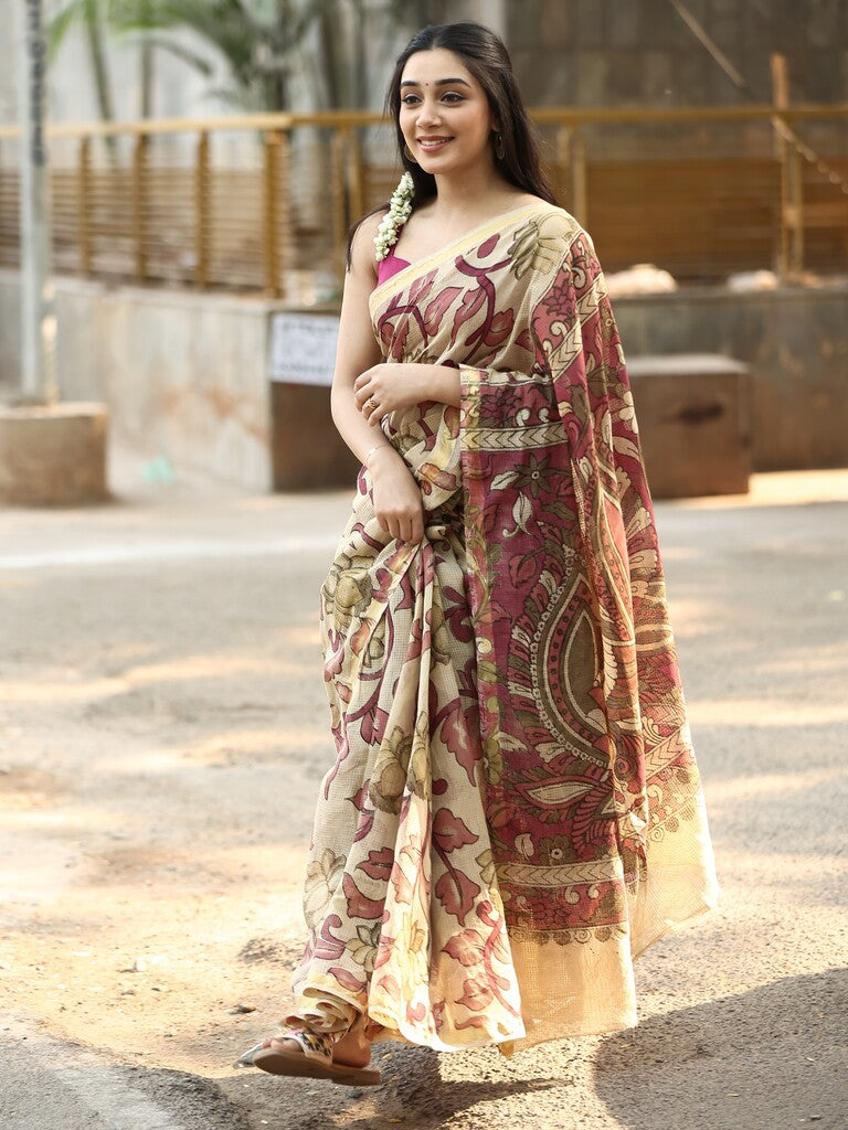 Kota cotton printed saree in cream color with contrast pallu and matching blouse