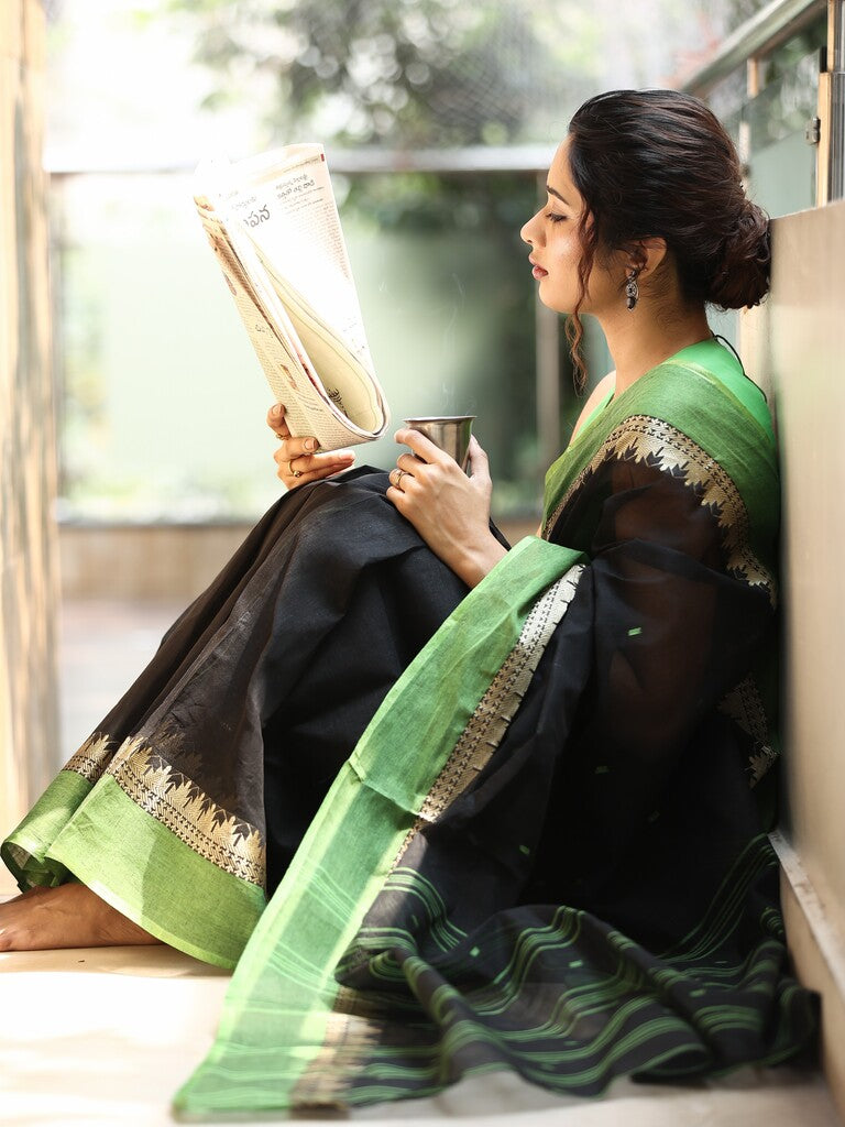 Bengali cotton saree in black color allover motifs with contrast border and stripes pallu