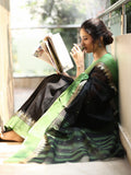 Bengali cotton saree in black color allover motifs with contrast border and stripes pallu