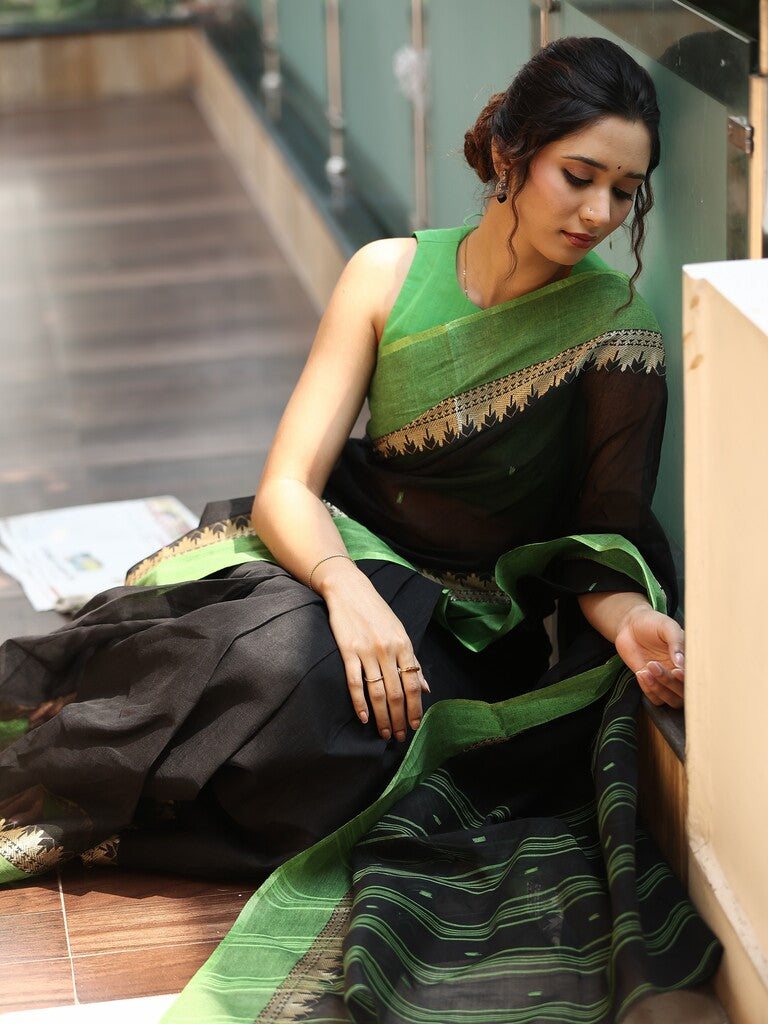Bengali cotton saree in black color allover motifs with contrast border and stripes pallu