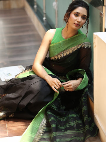 Bengali cotton saree in black color allover motifs with contrast border and stripes pallu