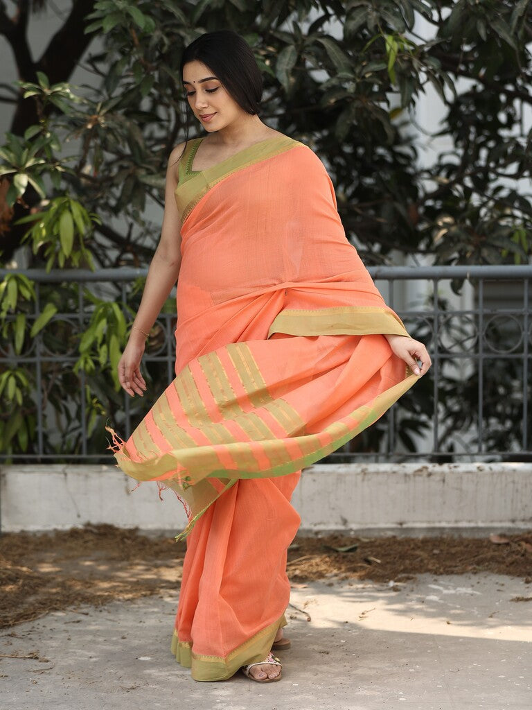 Mangalagiri cotton saree in light pink color with temple border and matching blouse