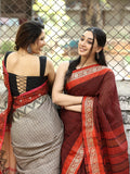 Dhaka cotton saree in grey color with contrast border and contrast pallu