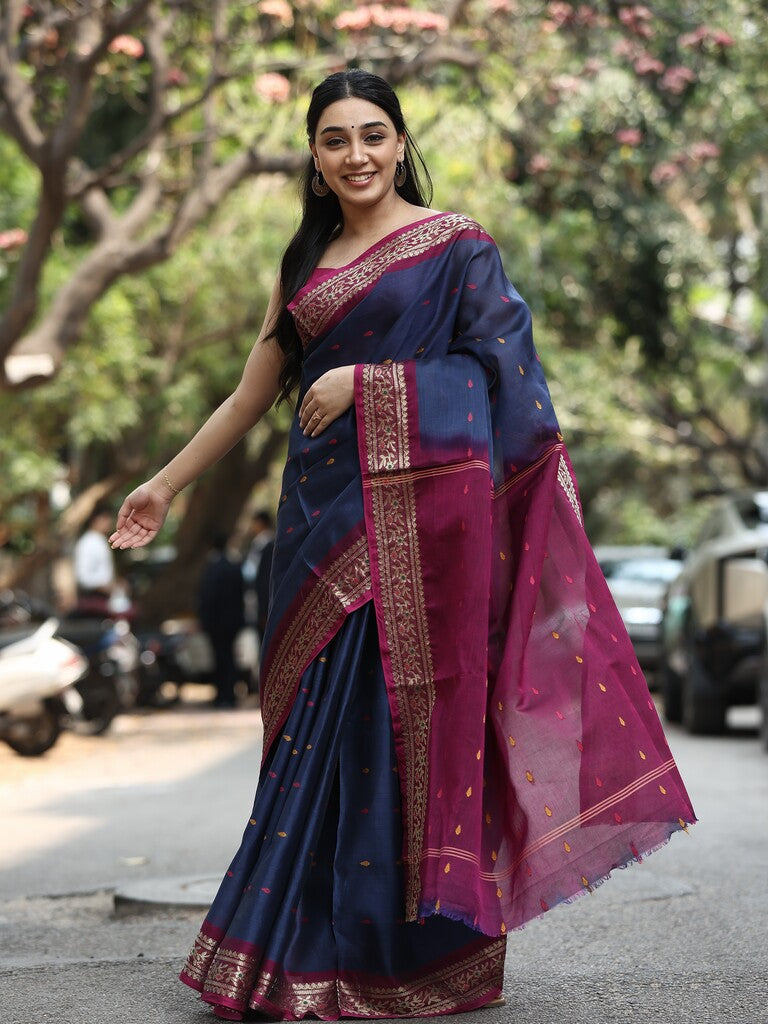 Dhaka cotton saree in navy blue color with contrast border and contrast pallu