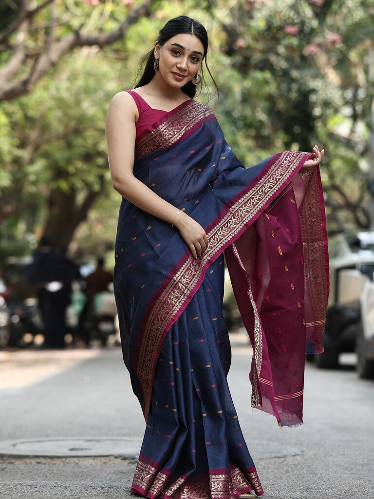Dhaka cotton saree in navy blue color with contrast border and contrast pallu