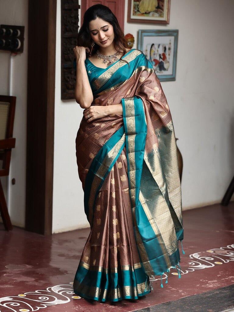 Vintage pattu saree for women | brown | zari border | party wear