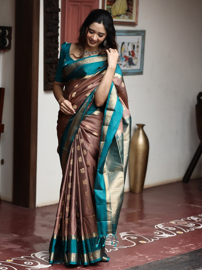 Vintage pattu saree for women | brown | zari border | party wear