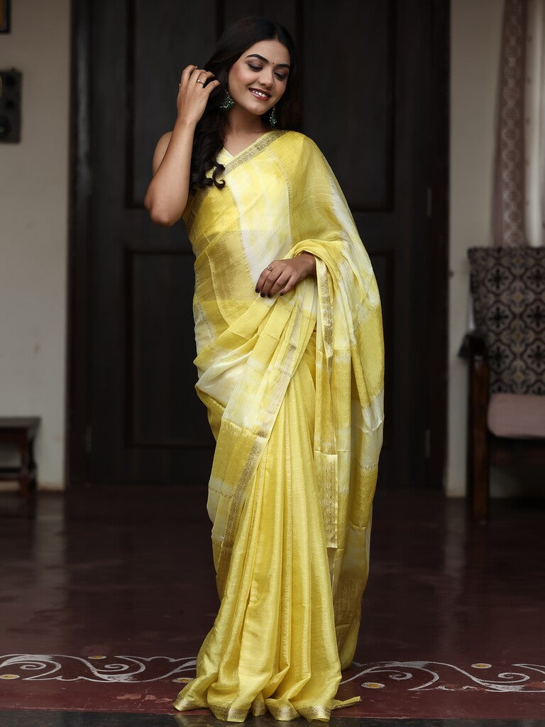 Chinnon fancy saree for women | yellow | zari border | party wear