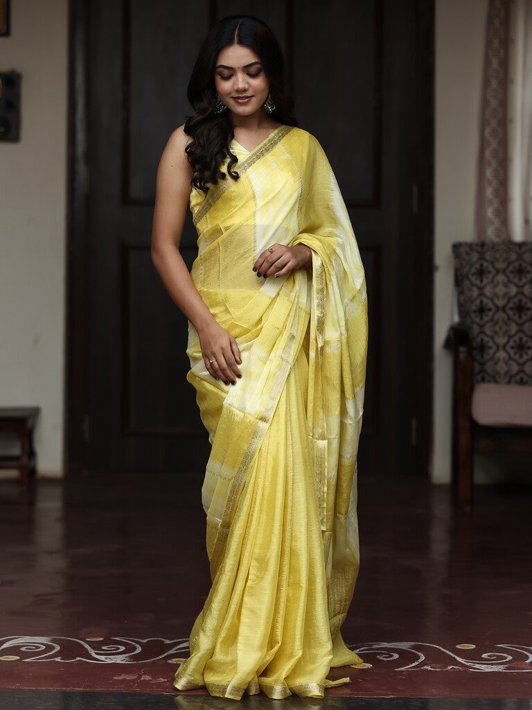 Chinnon fancy saree for women | yellow | zari border | party wear