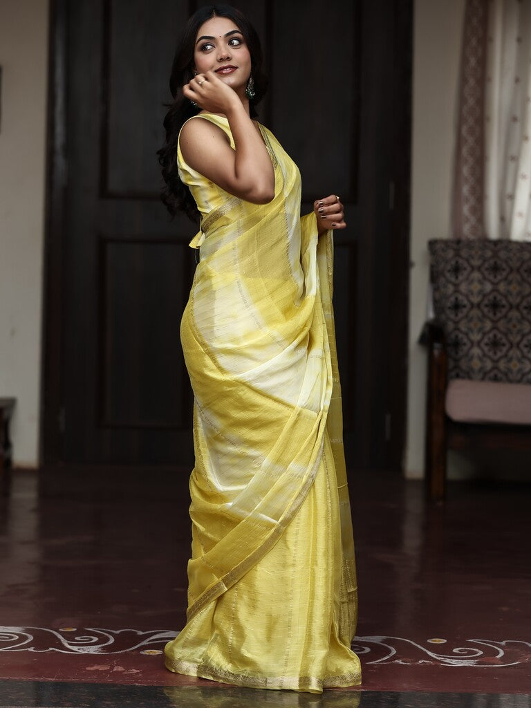 Chinnon fancy saree for women | yellow | zari border | party wear