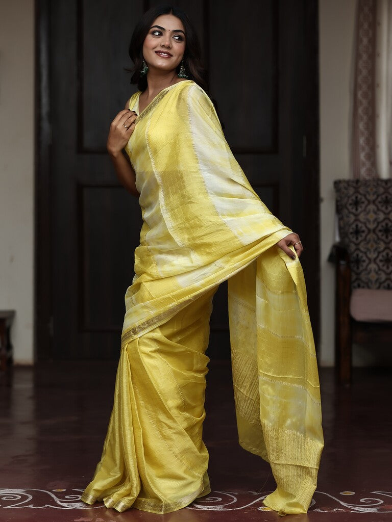 Chinnon fancy saree for women | yellow | zari border | party wear