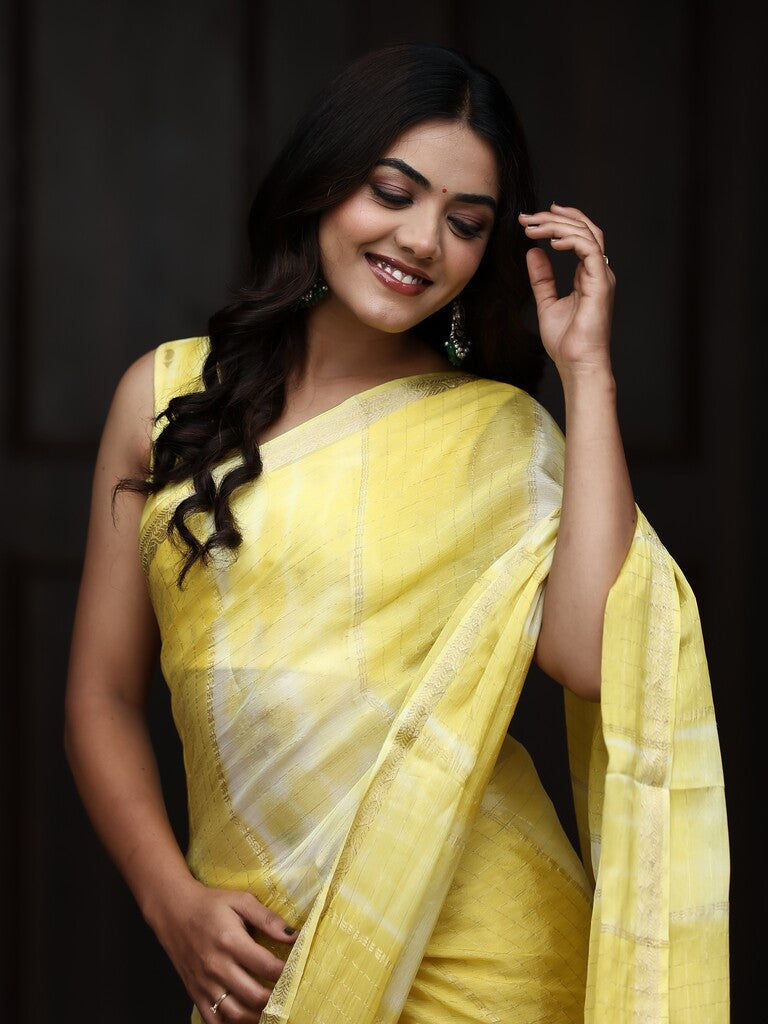Chinnon fancy saree for women | yellow | zari border | party wear
