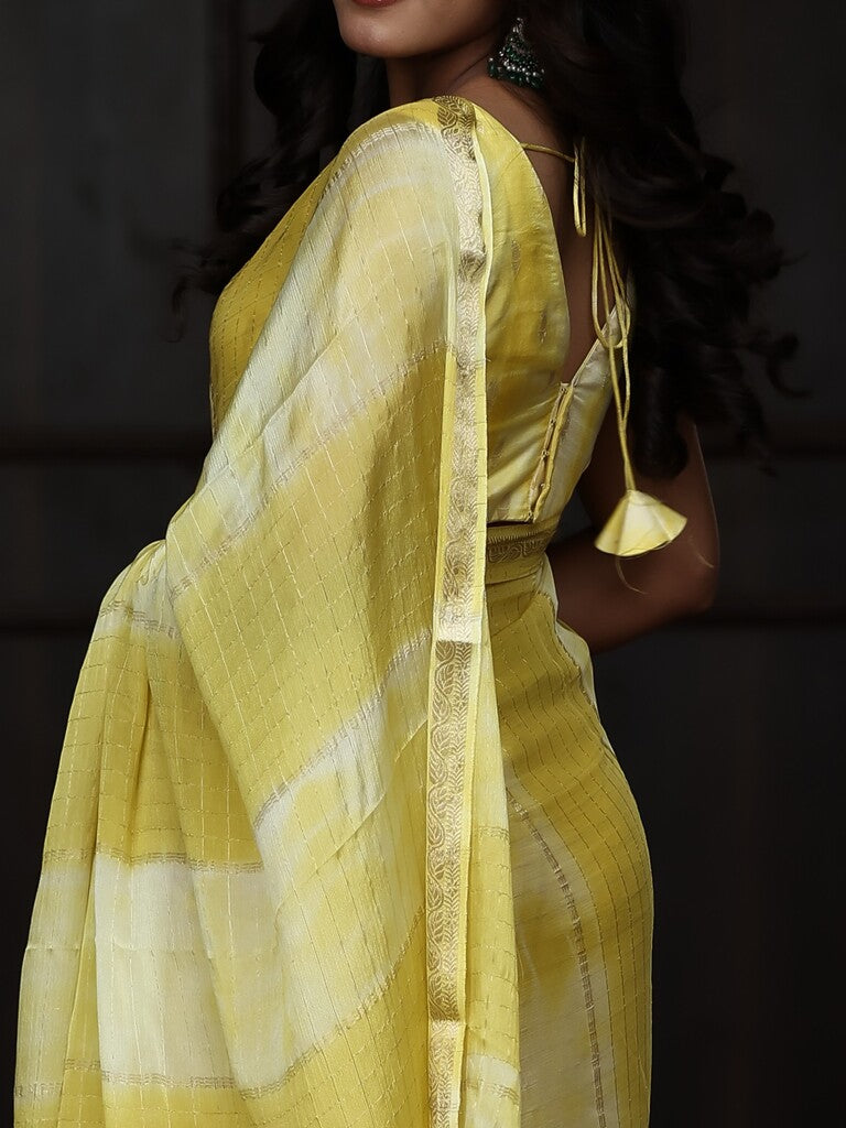 Chinnon fancy saree for women | yellow | zari border | party wear