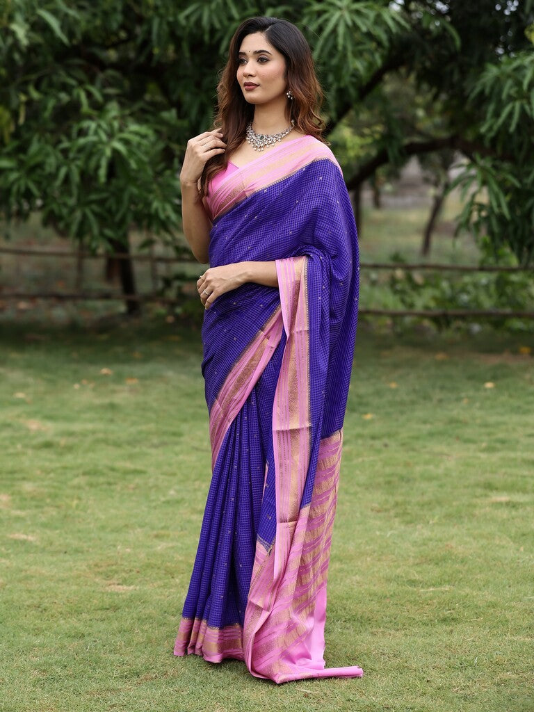 Mysore crape fancy saree for women | royal blue | zari border | party wear