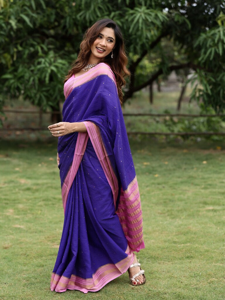 Mysore crape fancy saree for women | royal blue | zari border | party wear