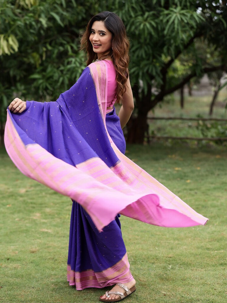 Mysore crape fancy saree for women | royal blue | zari border | party wear