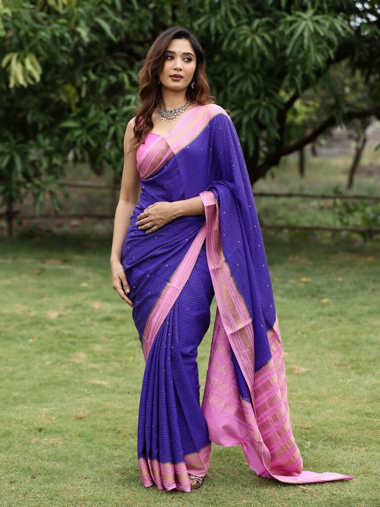 Mysore crape fancy saree for women | royal blue | zari border | party wear
