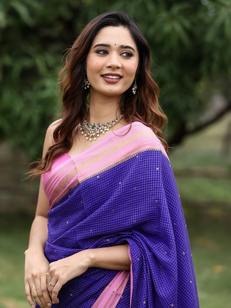 Mysore crape fancy saree for women | royal blue | zari border | party wear